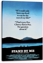 Stand By Me movie poster canvas print featuring black dialogue text above a blue lake, distant mountains, and four silhouettes.