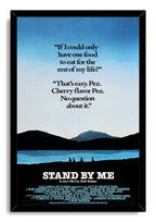 Stand By Me framed wall art print with Pez quote, blue sky and lake landscape, walking silhouettes, and black frame.
