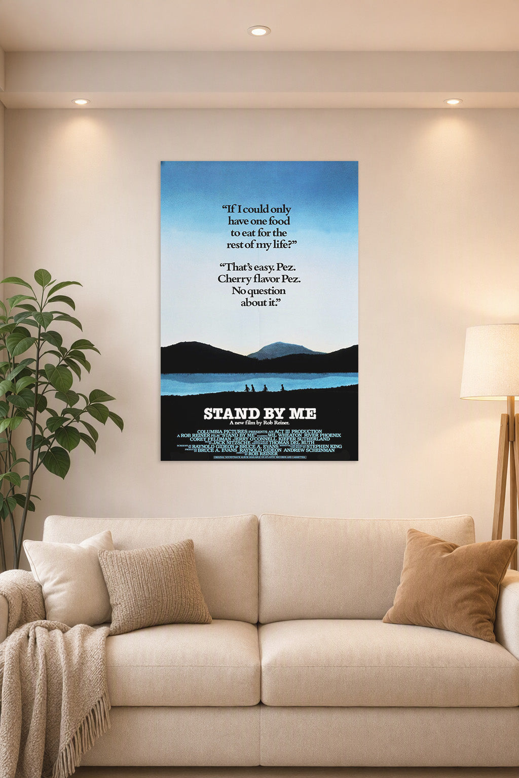 Stand By Me Movie Poster in a bright living room above a beige sofa.