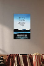 Stand By Me Movie Poster in a cozy movie room above a brown sofa with popcorn.