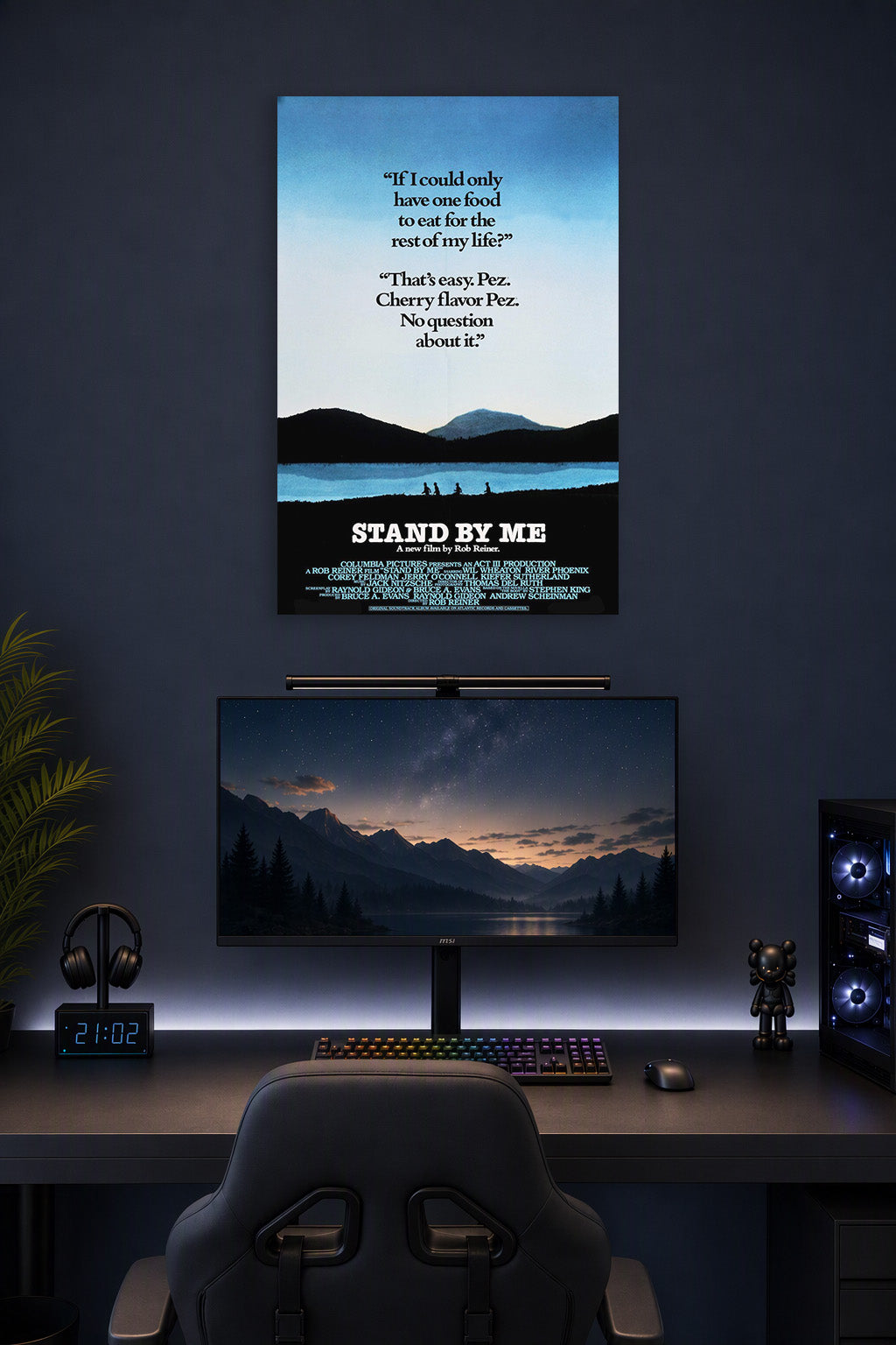 Stand By Me Movie Poster in a gaming desk setup above a monitor.