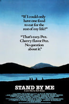 Stand By Me movie poster wall art print with Pez quote, blue mountain lake landscape, and four walking silhouettes.