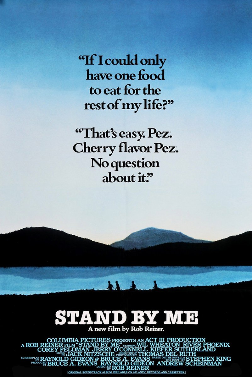 Stand By Me movie poster wall art print with Pez quote, blue mountain lake landscape, and four walking silhouettes.