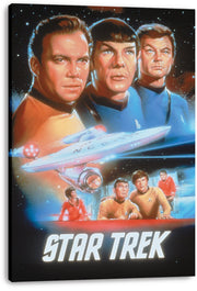 Star Trek canvas wall art print displays Kirk, Spock, McCoy, the USS Enterprise, and crew in a vivid space montage.