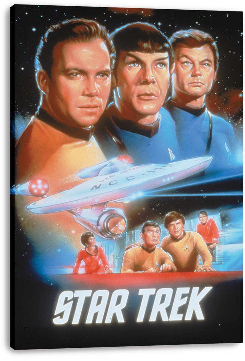 Star Trek canvas wall art print displays Kirk, Spock, McCoy, the USS Enterprise, and crew in a vivid space montage.