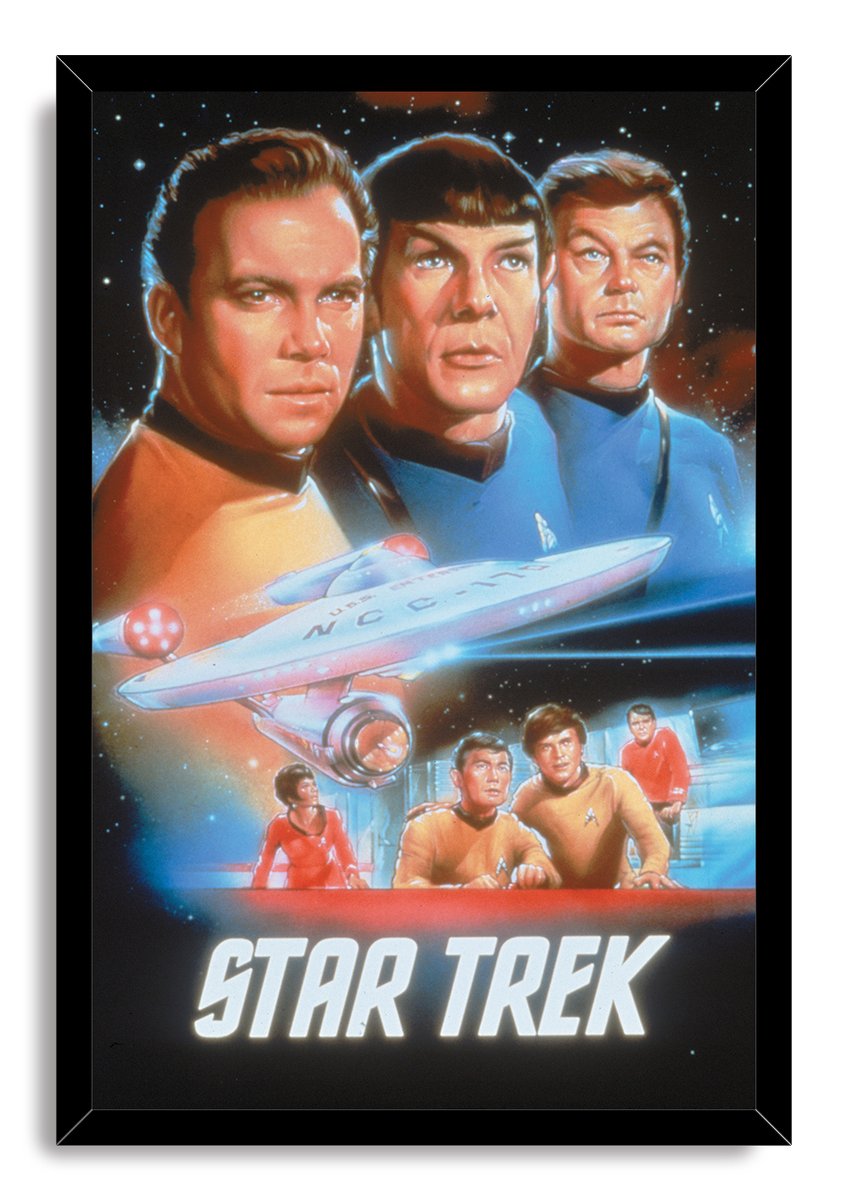 Star Trek framed wall art print portrays Kirk, Spock, McCoy, the USS Enterprise, and crew beneath the title logo.