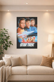 Star Trek Classic Series Crew in a bright living room above a beige sofa.