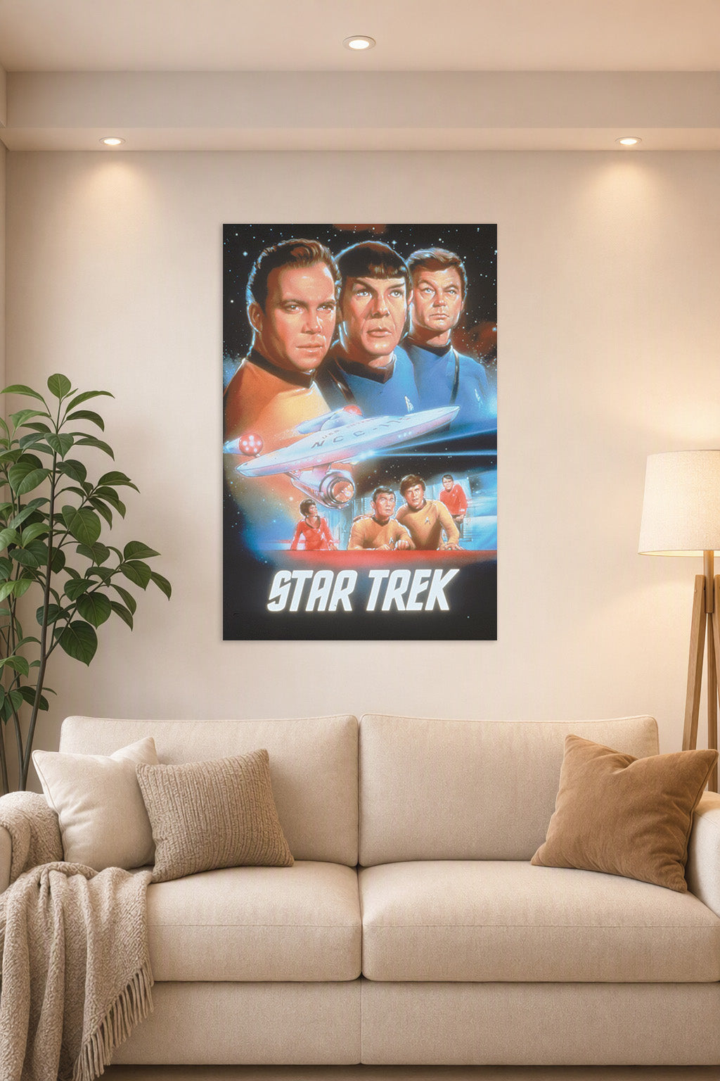 Star Trek Classic Series Crew in a bright living room above a beige sofa.