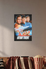 Star Trek Classic Series Crew in a cozy movie room above a brown sofa with popcorn.