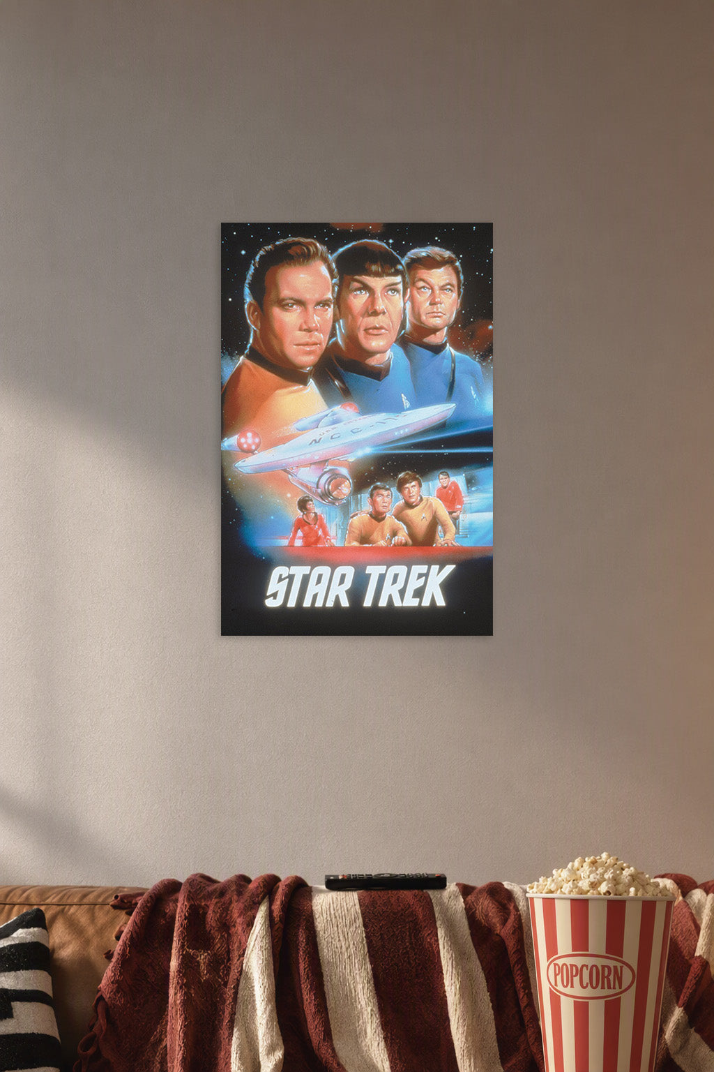 Star Trek Classic Series Crew in a cozy movie room above a brown sofa with popcorn.