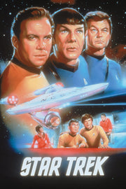 Star Trek poster features Kirk, Spock, and McCoy above the USS Enterprise and bridge crew against a starry sky.