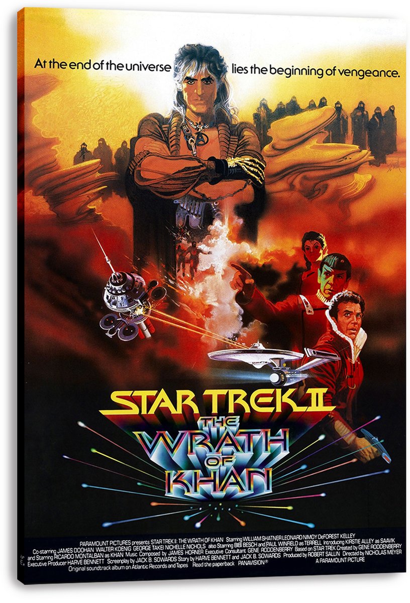 Star Trek II The Wrath of Khan canvas wall art print displays Khan, Kirk, Spock, starships, orange clouds, and visible wrapped canvas edges.