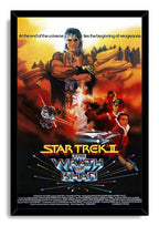 Star Trek II The Wrath of Khan framed wall art print presents Khan and the crew amid spacecraft and fire tones in a black frame.