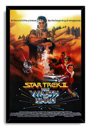 Star Trek II The Wrath of Khan framed wall art print presents Khan and the crew amid spacecraft and fire tones in a black frame.