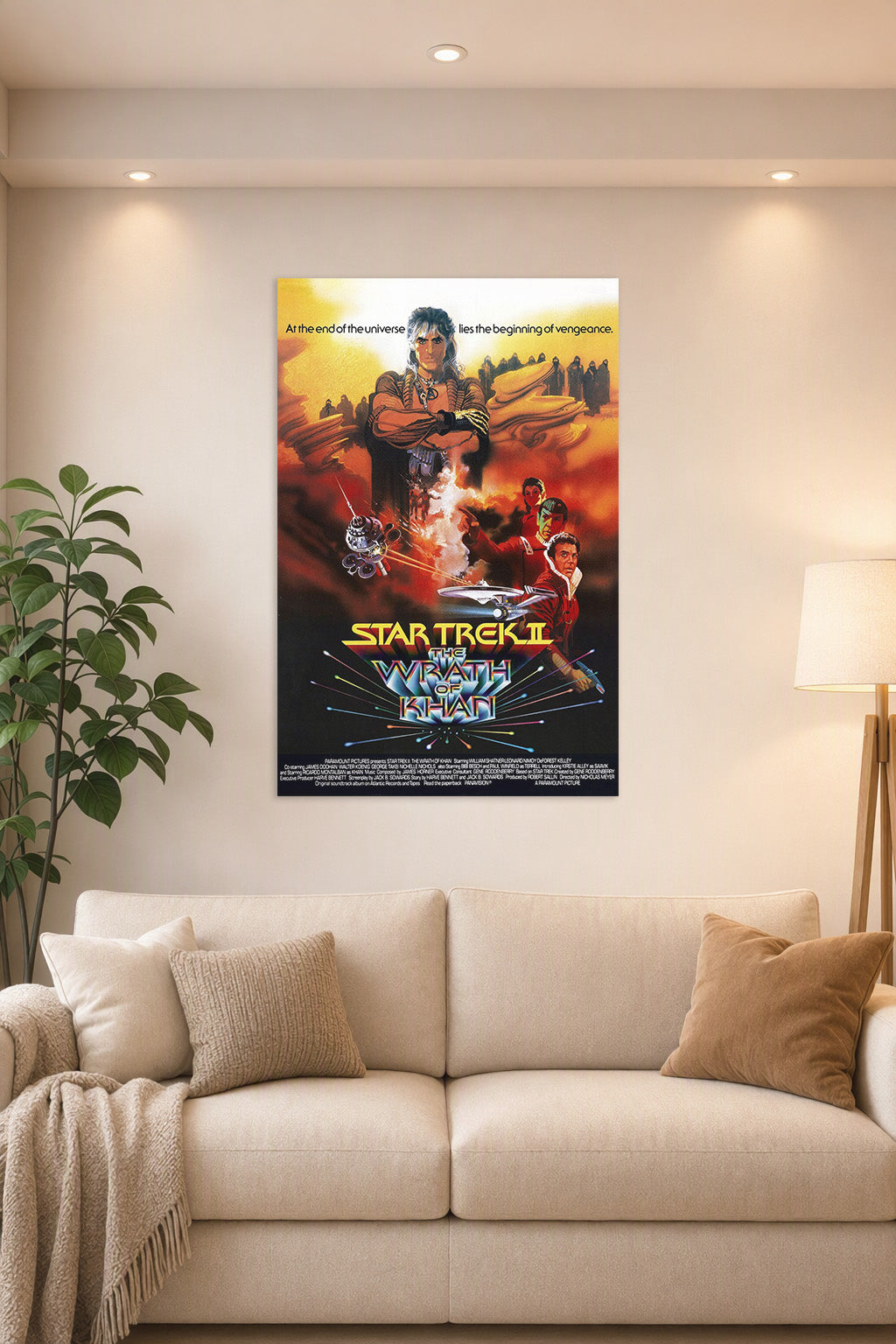 Star Trek II The Wrath of Khan Movie Poster in a bright living room above a beige sofa.
