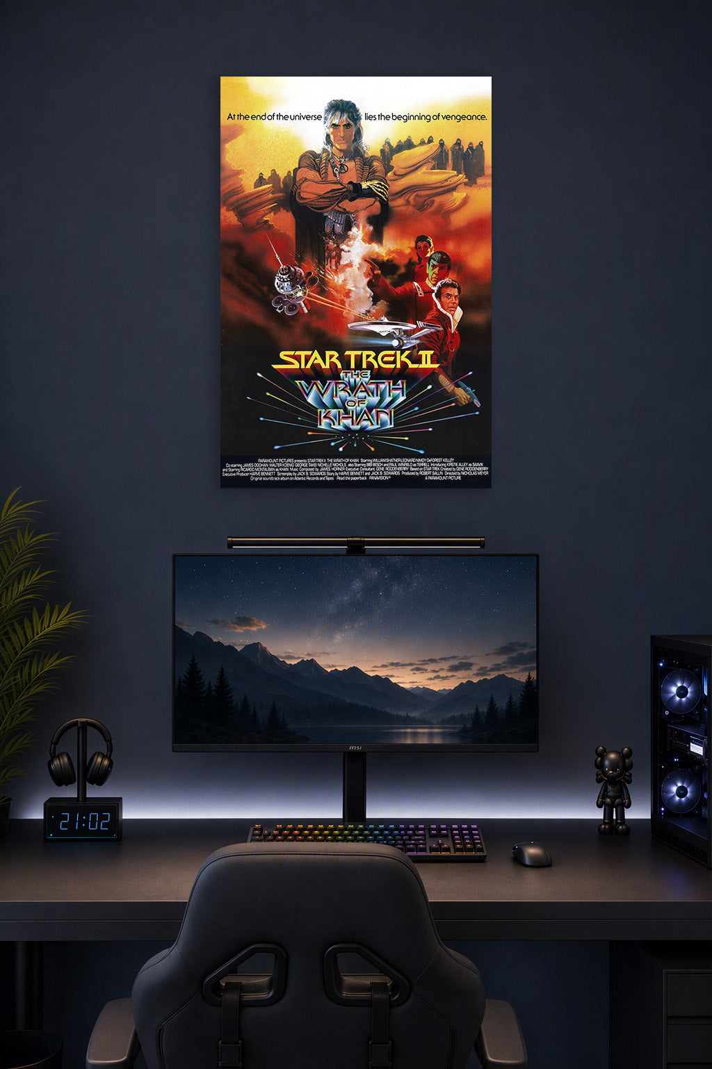 Star Trek II The Wrath of Khan Movie Poster in a gaming desk setup above a monitor.
