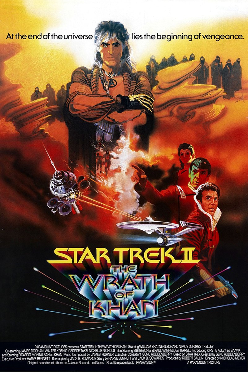 Star Trek II The Wrath of Khan movie poster features Khan above Kirk, Spock, spacecraft, fiery clouds, and a multicolored title.