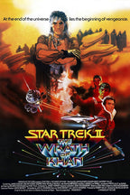 Star Trek II The Wrath of Khan movie poster features Khan above Kirk, Spock, spacecraft, fiery clouds, and a multicolored title.