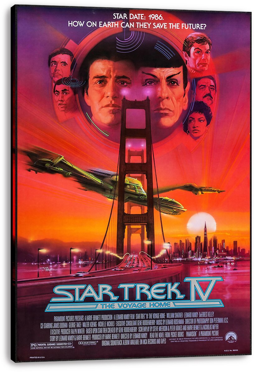 Star Trek IV canvas wall art print depicts Kirk, Spock, crew portraits, the Golden Gate Bridge, and spacecraft in red-orange tones.
