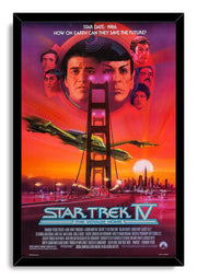 Star Trek IV framed wall art print features crew faces over the Golden Gate Bridge and a sunset cityscape with starships.