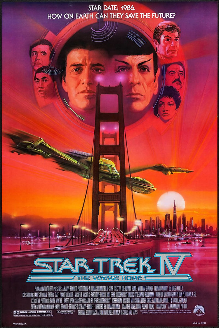 Star Trek IV poster features Kirk and Spock above the Golden Gate Bridge, starships, and a glowing San Francisco sunset.