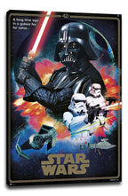Star Wars canvas wall art print displays Darth Vader wielding a red lightsaber above stormtroopers and spacecraft in a starry battle.