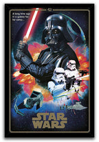 Star Wars framed wall art print portrays Darth Vader, armed stormtroopers, TIE fighters, and a Star Destroyer amid vivid red explosions.