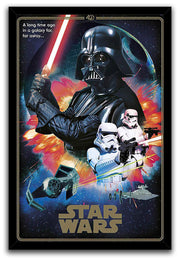 Star Wars framed wall art print portrays Darth Vader, armed stormtroopers, TIE fighters, and a Star Destroyer amid vivid red explosions.