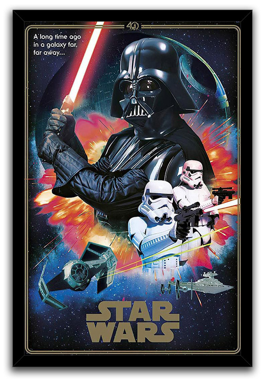 Star Wars framed wall art print portrays Darth Vader, armed stormtroopers, TIE fighters, and a Star Destroyer amid vivid red explosions.