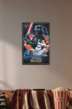 Star Wars Episode IV - A New Hope - Movie in a cozy movie room above a brown sofa with popcorn.