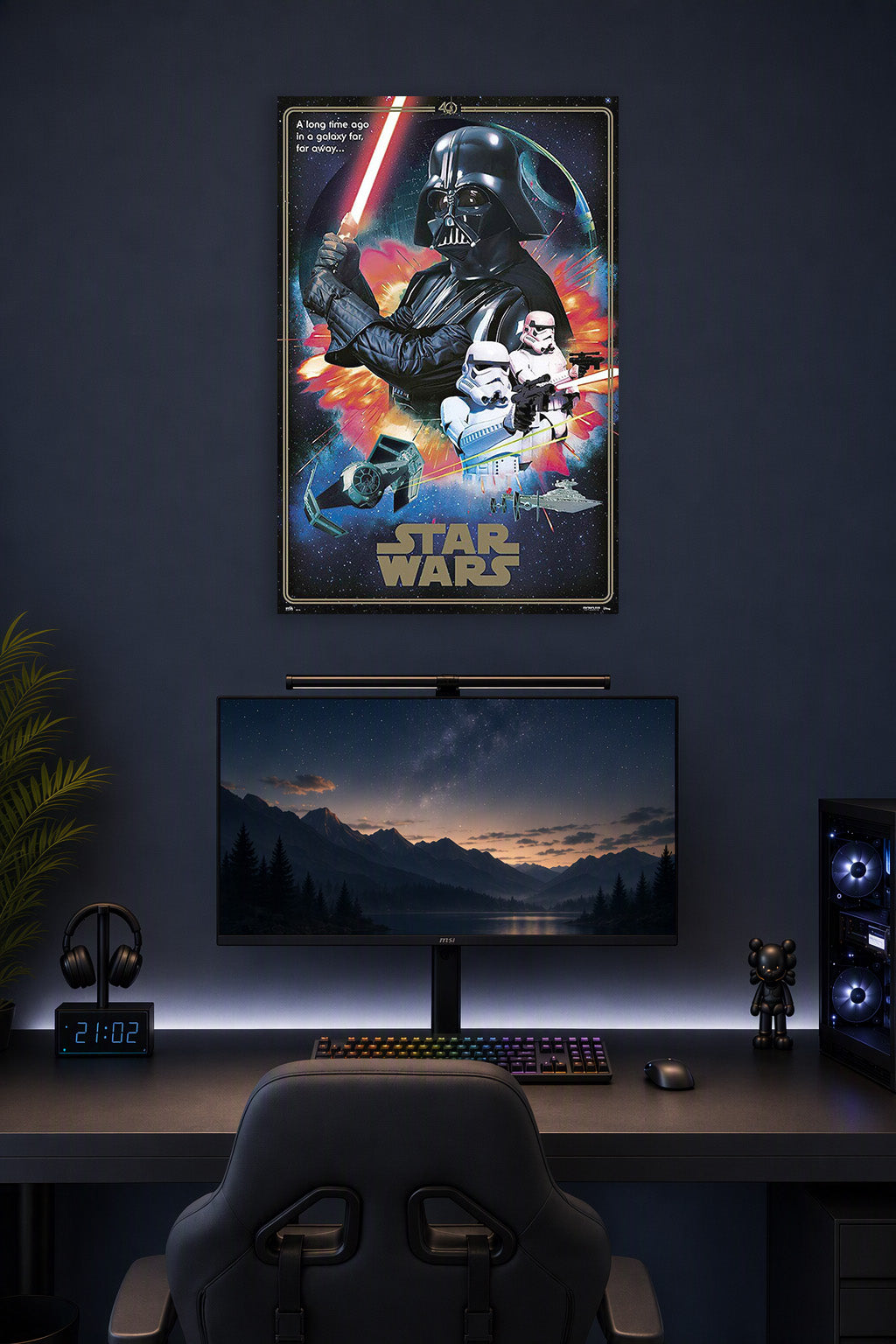 Star Wars Episode IV - A New Hope - Movie in a gaming desk setup above a monitor.