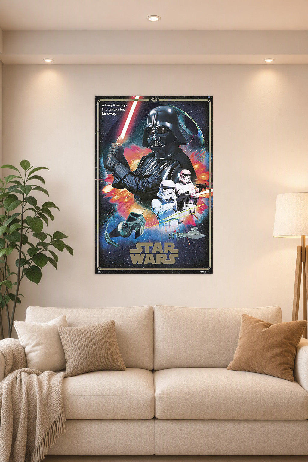 Star Wars Episode IV - A New Hope - Movie in a bright living room above a beige sofa.