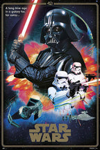 Star Wars poster features Darth Vader with a red lightsaber, stormtroopers, TIE fighters, and explosions in space.