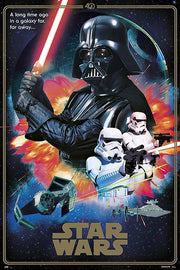 Star Wars poster features Darth Vader with a red lightsaber, stormtroopers, TIE fighters, and explosions in space.