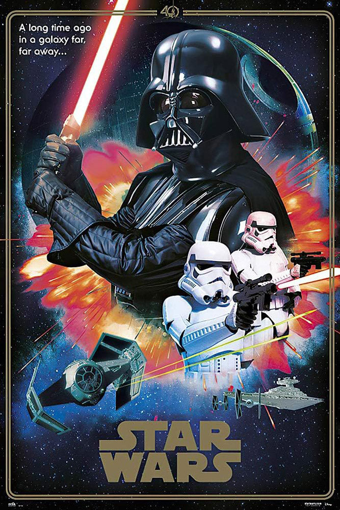 Star Wars poster features Darth Vader with a red lightsaber, stormtroopers, TIE fighters, and explosions in space.
