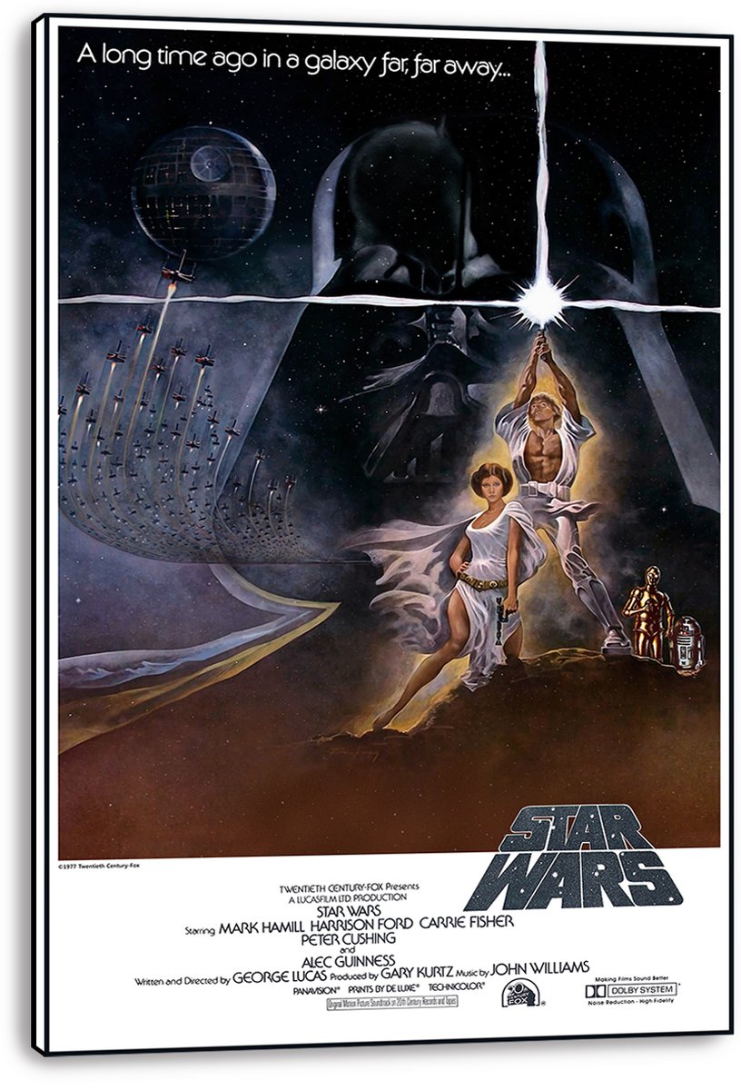 Star Wars wall art print presented as a wrapped canvas, with Luke and Leia below Darth Vader and the Death Star in space.