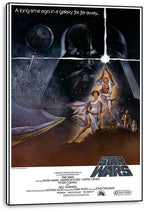 Star Wars wall art print presented as a wrapped canvas, with Luke and Leia below Darth Vader and the Death Star in space.