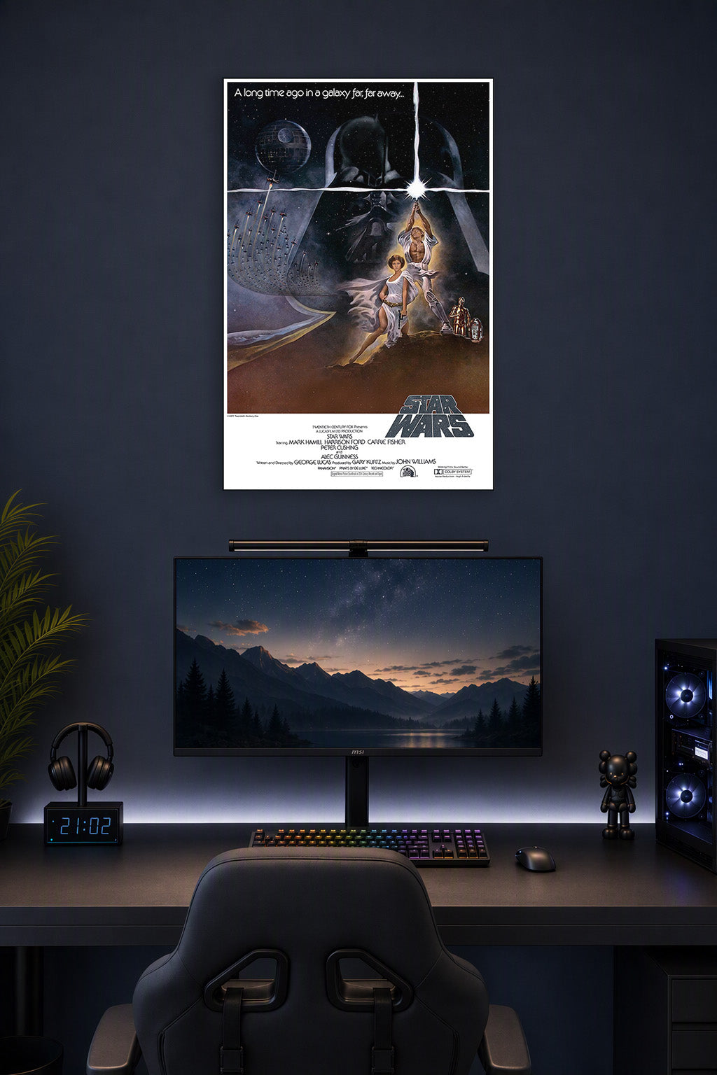 Star Wars Original Movie Poster in a gaming desk setup above a monitor.