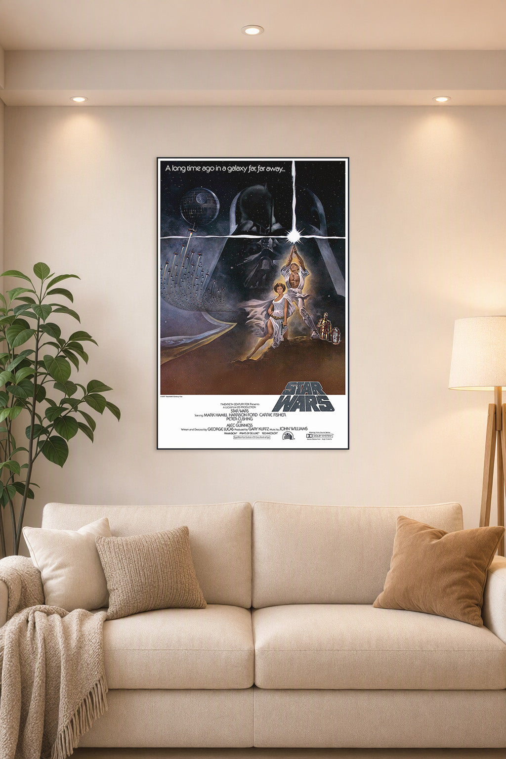 Star Wars Original Movie Poster in a bright living room above a beige sofa.