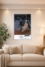 Star Wars Original Movie Poster in a bright living room above a beige sofa.