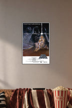 Star Wars Original Movie Poster in a cozy movie room above a brown sofa with popcorn.