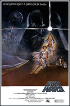 Star Wars poster featuring Luke with a raised lightsaber, Leia, Darth Vader, the Death Star, starships, and droids.