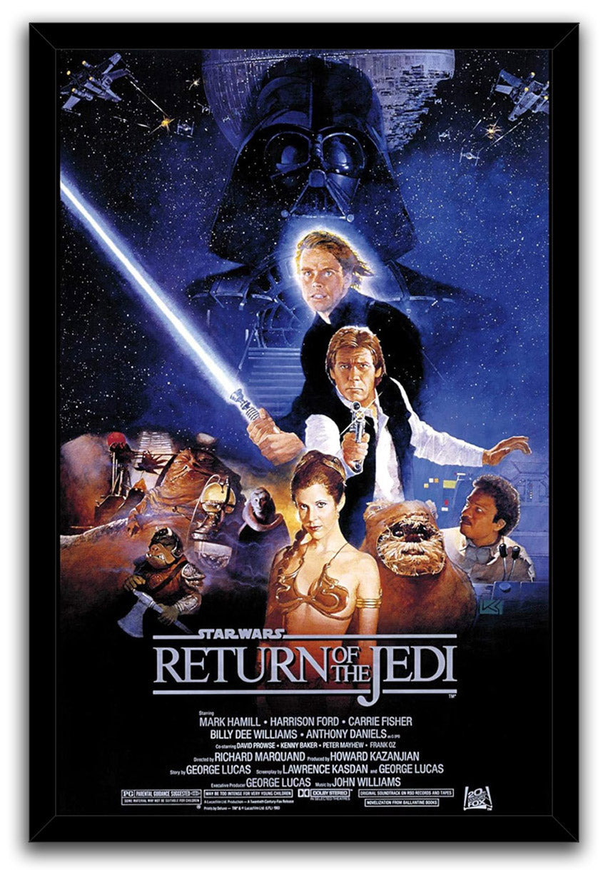 Star Wars Return of the Jedi framed wall art print depicts a blue space collage with Vader, Luke, Han, Leia, and Ewoks.