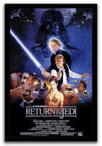 Star Wars Return of the Jedi framed wall art print depicts a blue space collage with Vader, Luke, Han, Leia, and Ewoks.
