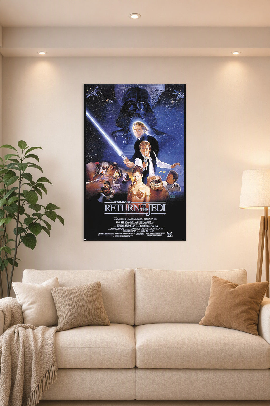 Star Wars: Return Of The Jedi Movie in a bright living room above a beige sofa.