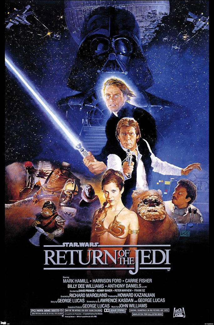 Star Wars Return of the Jedi poster features Darth Vader, Luke, Han, Leia, Ewoks, and a blue starfield.