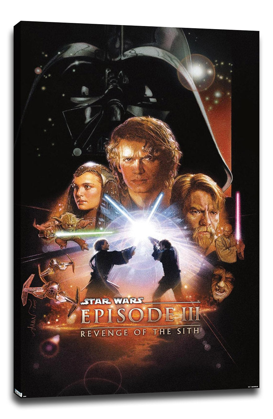 Star Wars Episode III Revenge of the Sith canvas wall art displays Darth Vader over Anakin, Padmé and Obi-Wan amid a lightsaber duel.