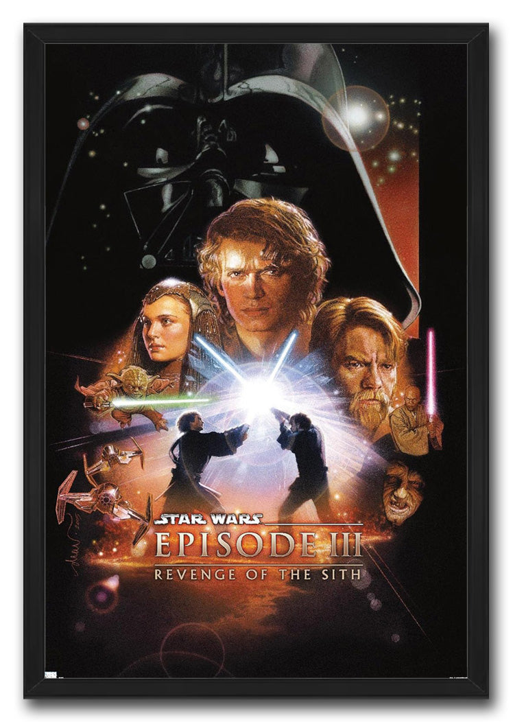 Star Wars Episode III Revenge of the Sith framed wall art print portrays Darth Vader, heroes, glowing lightsabers and spacecraft in space.