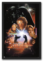 Star Wars Episode III Revenge of the Sith framed wall art print portrays Darth Vader, heroes, glowing lightsabers and spacecraft in space.