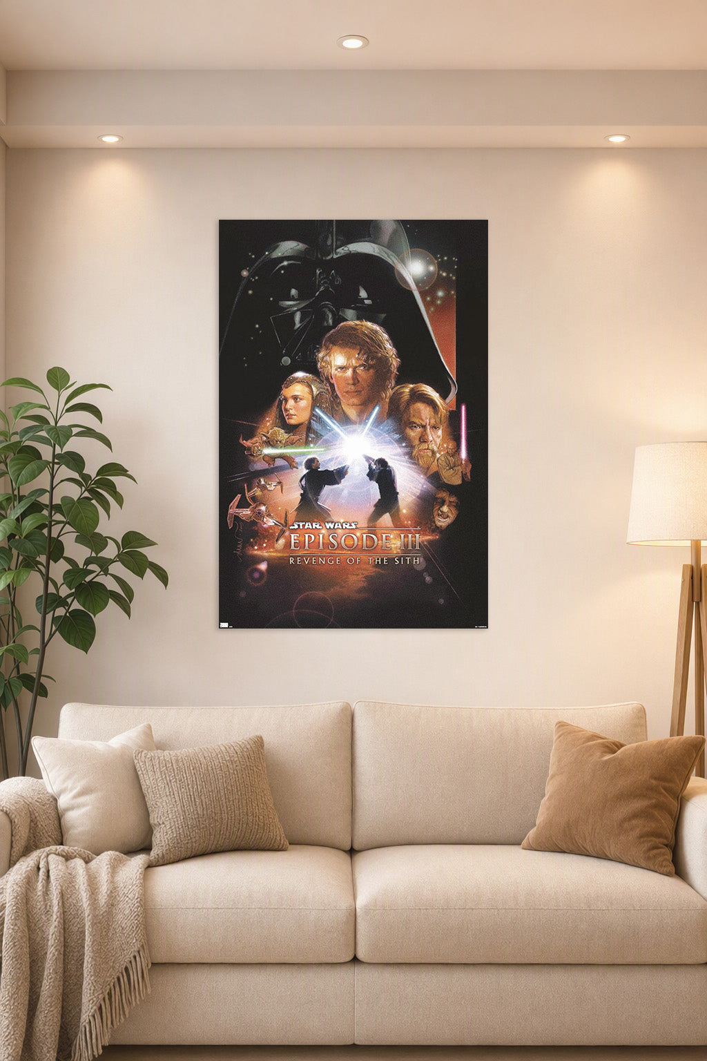 Star Wars: Revenge of the Sith Movie in a bright living room above a beige sofa.